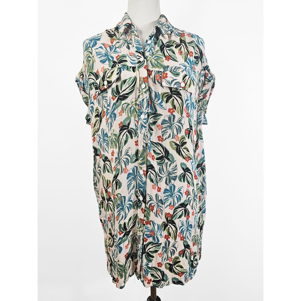 Lost + Wander M/L Oversized Tropical Safari Beach Shirt Dress High Low Hem